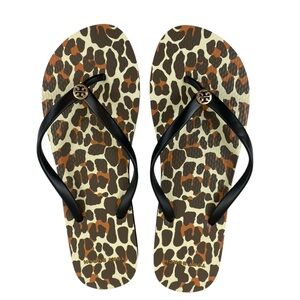 Tory Burch Black Leopard Print Thin Flip Flop Sandal Metal TB Logo Sz 10